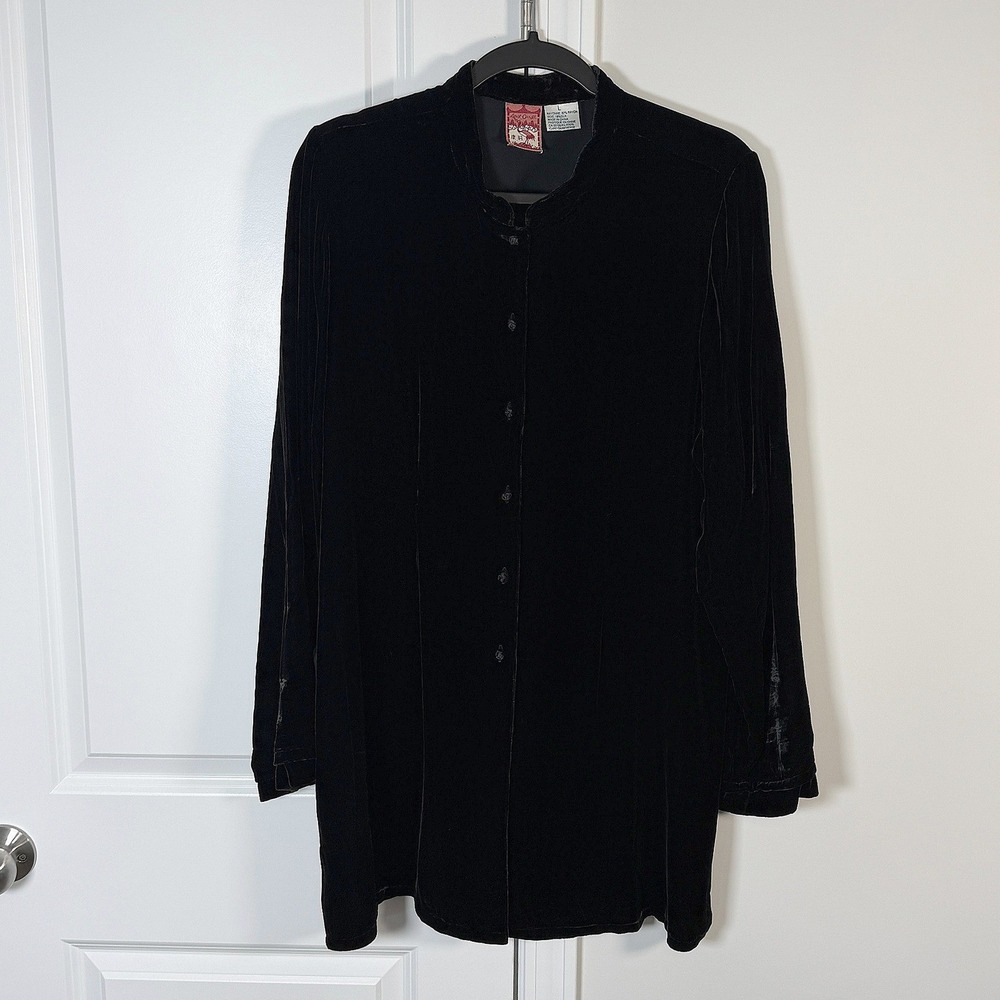 April Cornell Black Silk Blend Velvet Mandarin Collar Button Tunic Top Large
